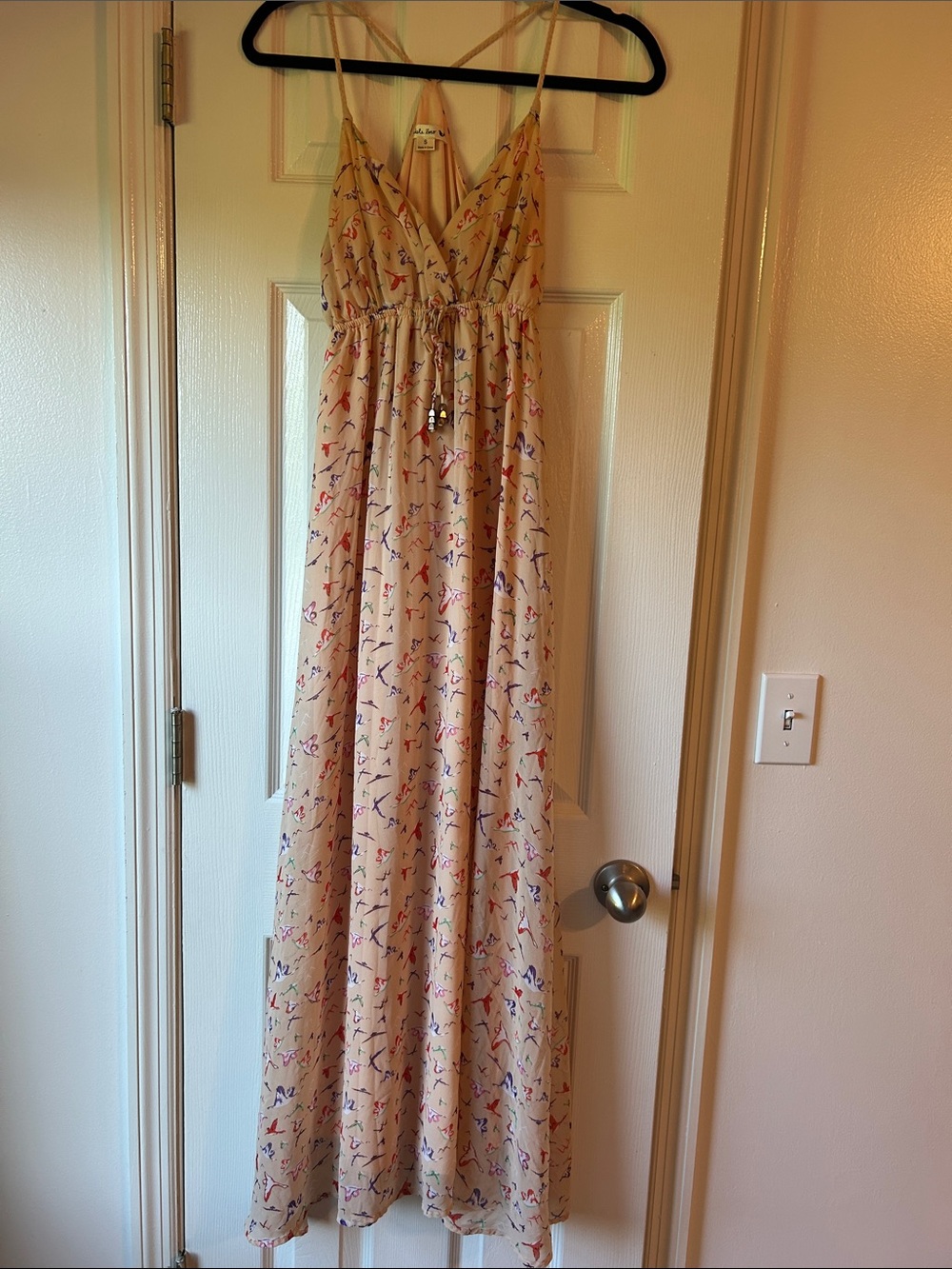 Double Zero Beige Maxi Dress with Multicolor Bird Print